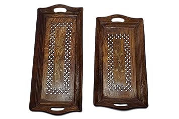Hand Carved Wooden Serving Tray Set of 2 (Tea, Coffee, Snacks, Water) Decorative Tray/Platter For Home/Kitchen/Table Decor, Square)