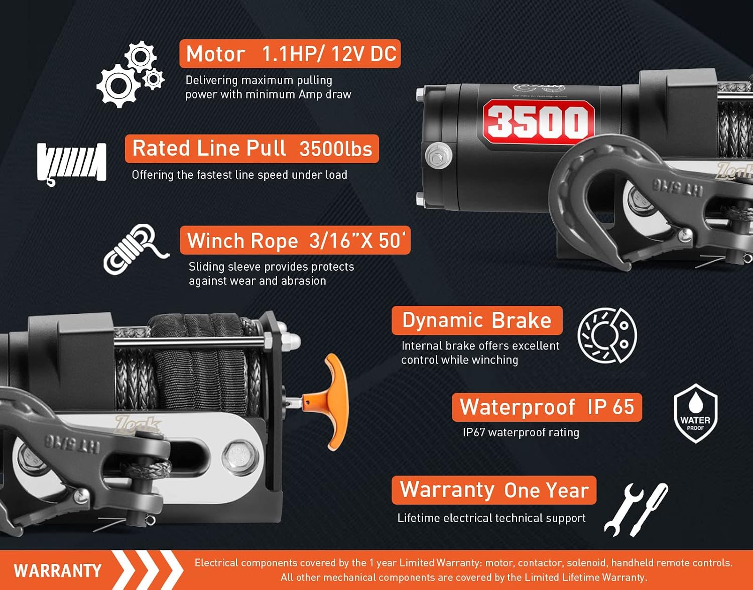 ZEAK 3500 lb. Advanced 12V DC Electric Winch, Off Road Waterproof, Synthetic Rope, Mount, for Sports car, ATV
