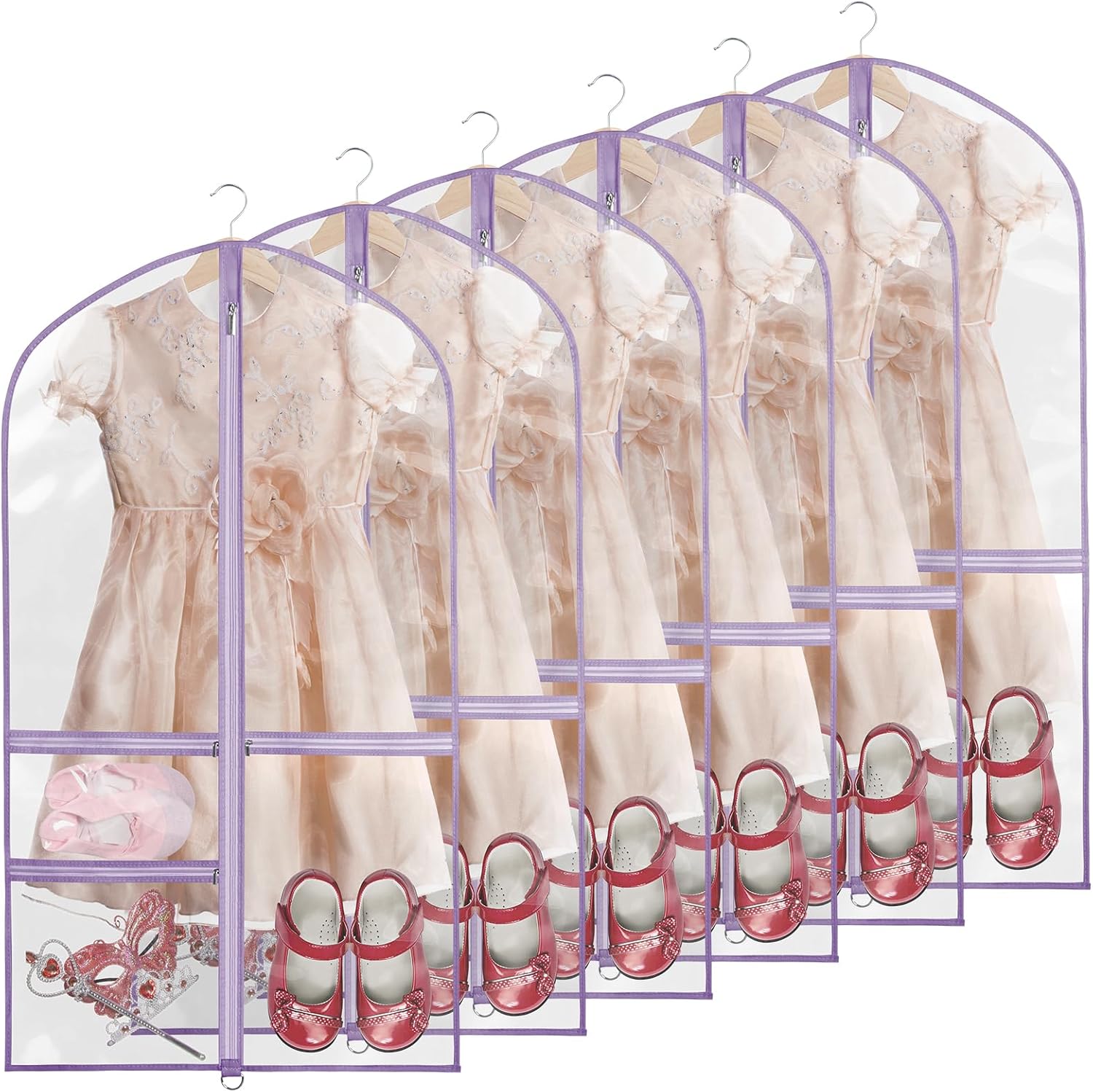 Kntiwiwo Clear Garment Bags for Dance Costumes, 40” Dance Garment Bags for Dancers, Kids Garment Bag for Dance Competitions with 3 Zipper Pockets, Garment Bags for Hanging Clothes, 6 Pack, Pink