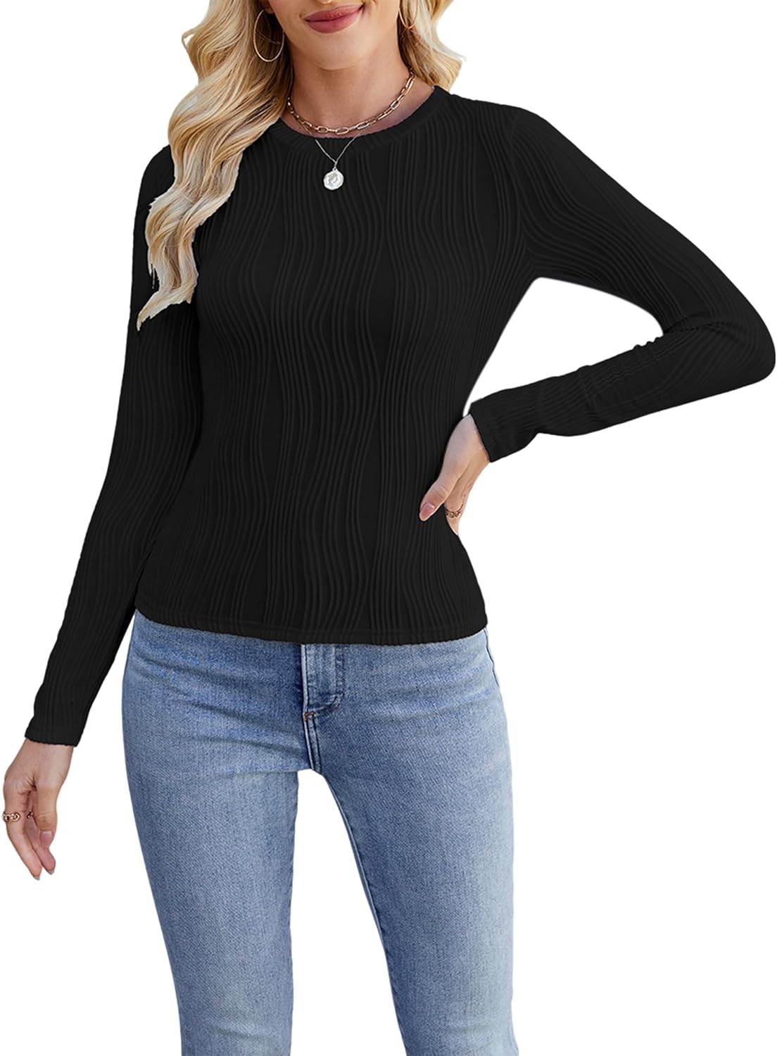 Women’s Long Sleeve Shirts 2025 Slim Fit Tight Trendy Blouses Casual Textured Knit Tops for Spring Fall Outfits