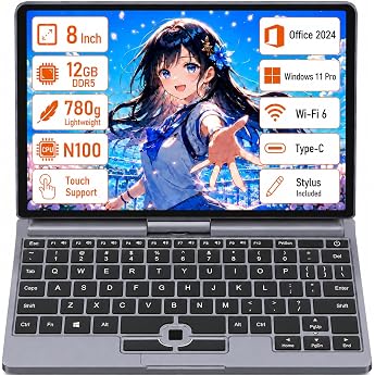 SERYUB Pocket PC, 8-inch 2-in-1 Laptop, Office 2024, Ultra Lightweight 780g, Intel N100, 12GB DDR5, 256GB SSD, Windows 11, Pr