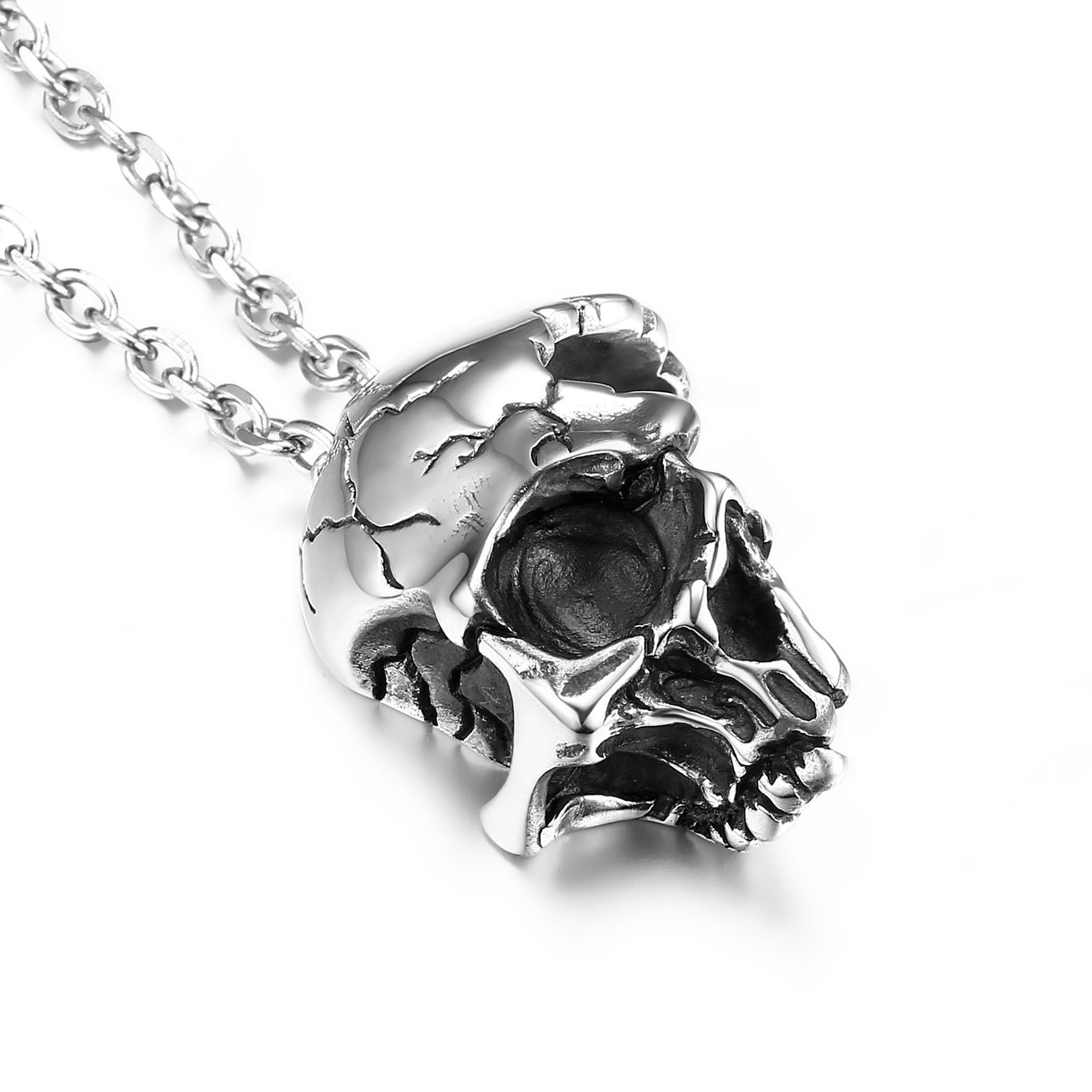 GTHIC Stainless Steel Damaged Half Face Skull Pendants Necklace For Men Women Gothic Punk Biker Jewelry with 24 Inch Chain