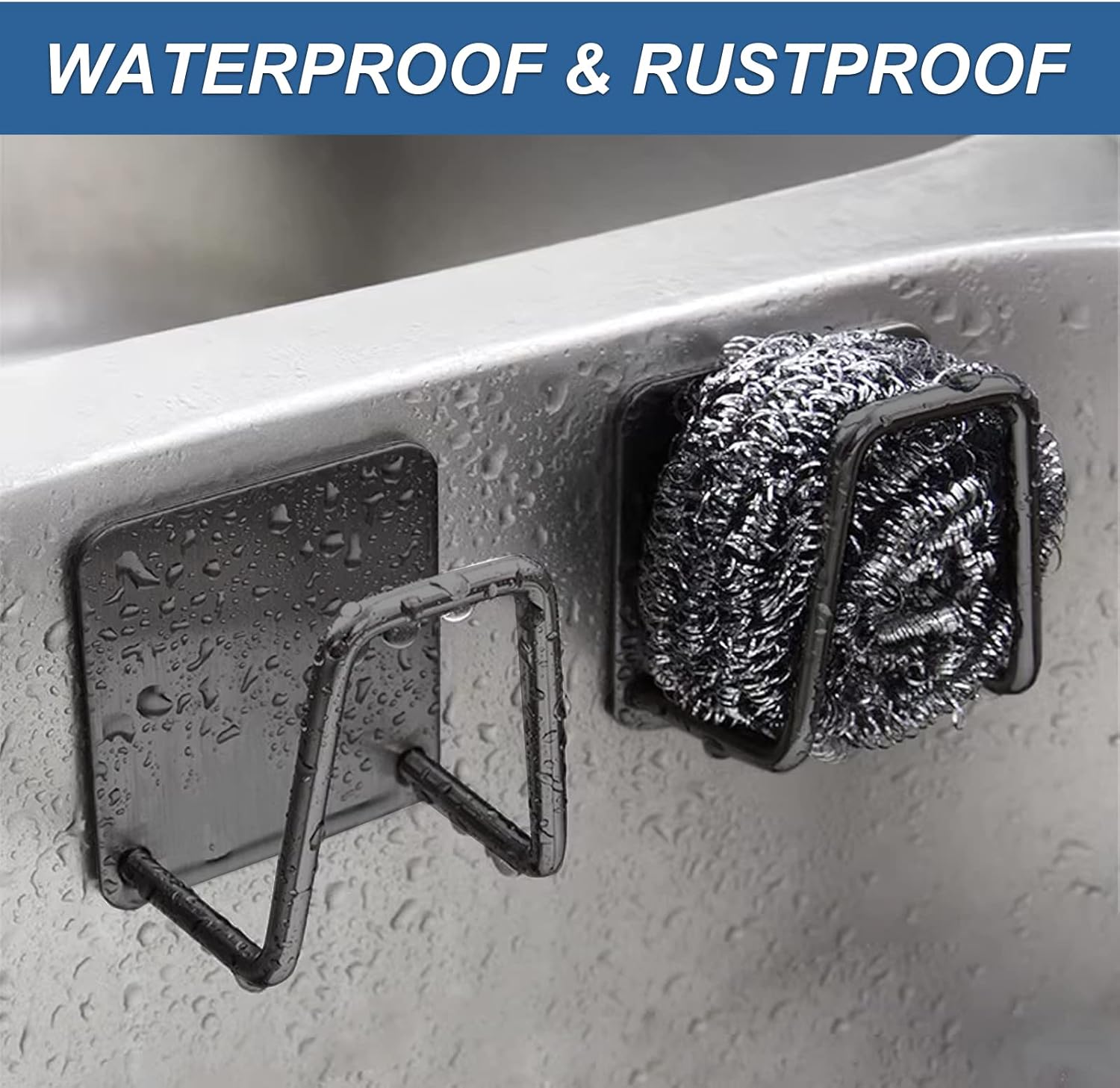 2Pcs Sponge Holder for Kitchen Sink, Strong Adhesive Sponge Holder for Sink Counter, Dish Sponge and Brush Organization Holder, Premium SUS304 Stainless Steel Rust Proof Waterproof-Black - Image 3