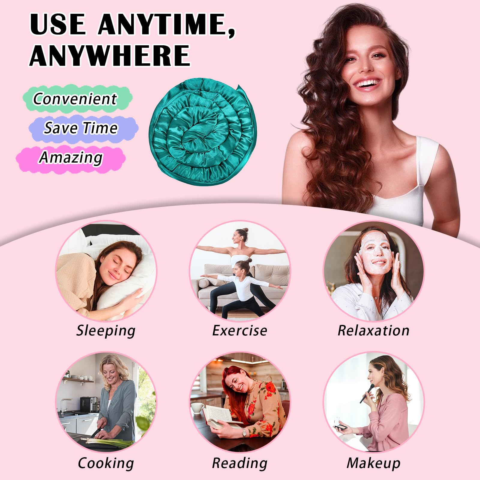 Gwabee Rizos de satén sin calor durante la noche para dormir en el cabello, rulos rizadores de cabello sin calor, para rizos, diadema, juego de rizos de satén sin calor para mujer, volumen de cabello