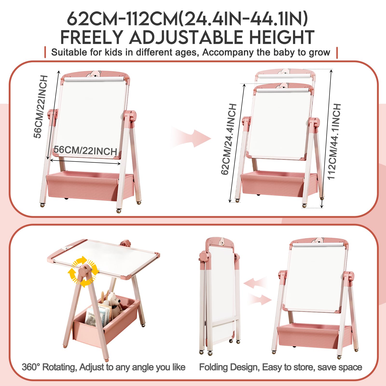 Caballetes para Niños 3 en 1 Pizarra Caballete Pintura Infantil de Doble Cara Plegable con Papel en Rollo Altura Ajustable Giratoria 360°, Pizarra con Caja de Almacenamiento para niños y niñas