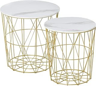 HOMCOM Set of 2 Nesting Side Tables with Storage, Round End Tables Coffee Tables with Steel Frame and Removable Round Top, for Living Room, bedroom, office, White