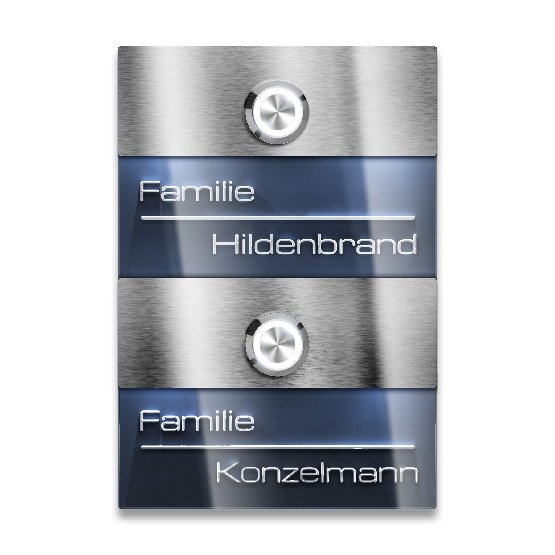 Metzler® Türklingel 2-Fach mit LED-Taster und beleuchtetem 3D-Acrylglas-Namensschild, Edelstahl V2A in Anthrazit (RAL 7016), für Unterputzmontage, Witterungsbeständig, IP67, 110 x 160 mm