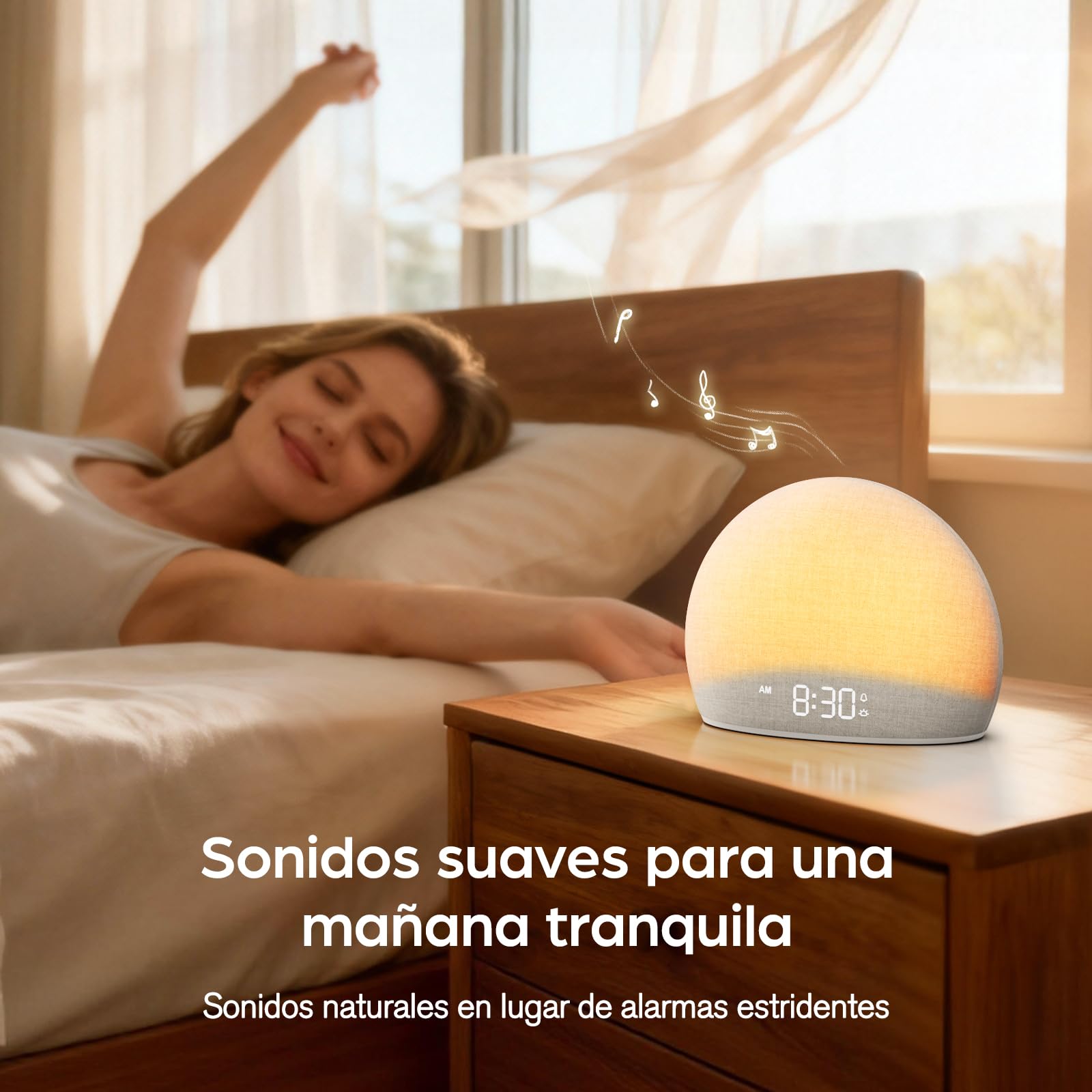 DOUMOSH Despertador con Luz de Amanecer y Máquina de Ruido Blanco | Luz Natural con Alarma Suave, 20 Sonidos Relajantes, Pantalla Regulable, Diseño sin Pantalla