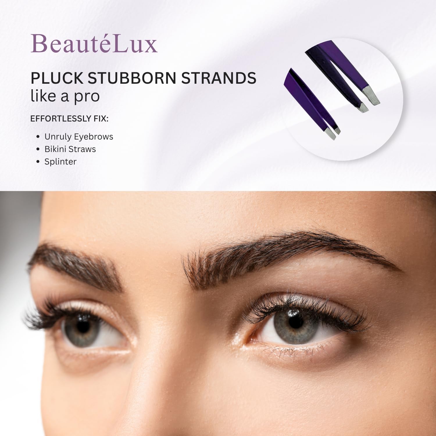 Premium Slant Tip Eyebrow Tweezer (Purple), Stainless Steel Precision Tweezers for Men & Women, for Facial Hair Removal, with Leather Case