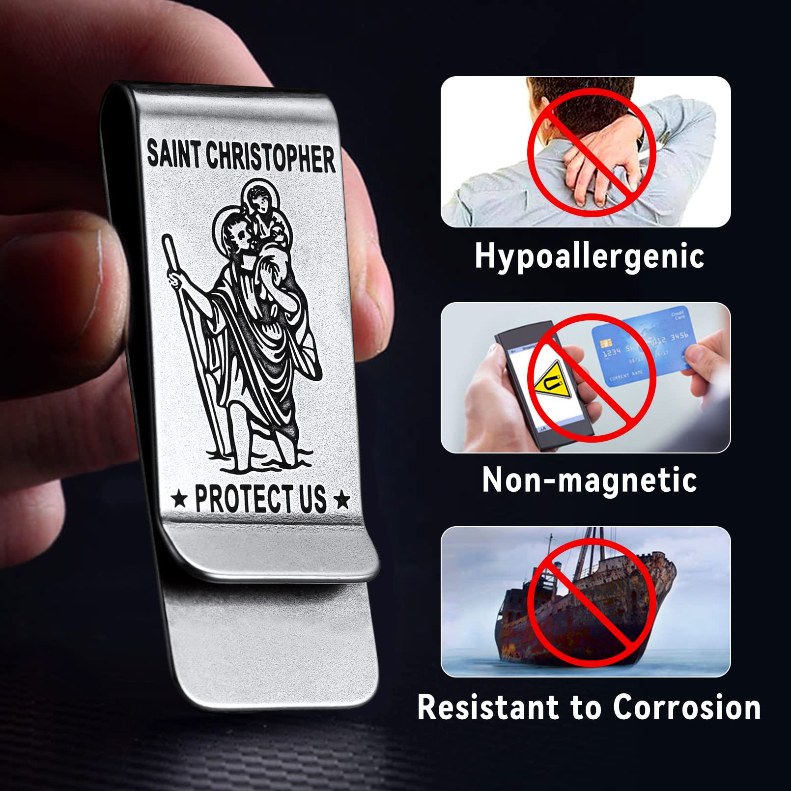 FaithHeart Pince à Billets Saint Christophe Homme Bijoux Religieux Money Clip en Acier Inoxydable