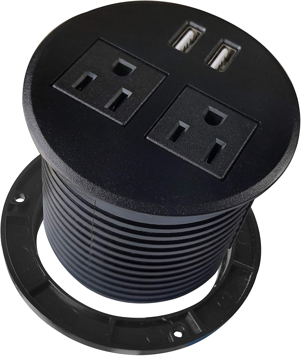 ApexDesk Ul Certified Desktop Power Grommet with Two Power Sockets, Two Quick USB Charging Ports, 6ft Power Cord and Lock Ring (Black)