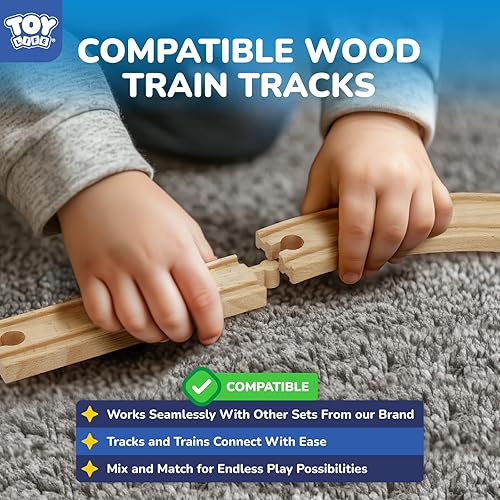 Miniatura 7 de TOY Life Juego de tren de madera para niños pequeños de 2 a 4 años, 119 juguetes de tren urbano con pista de tren de madera, juego de tren eléctrico