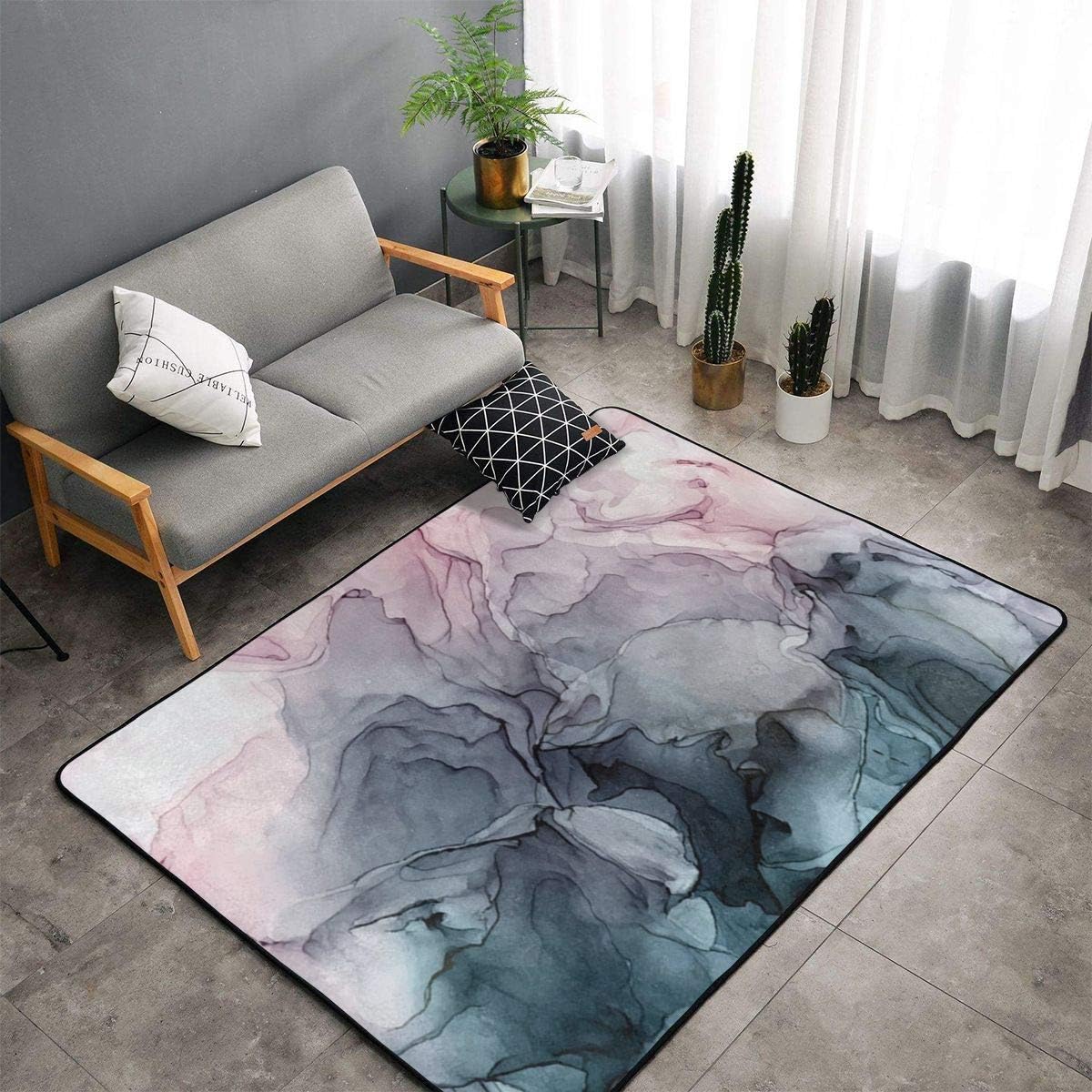 Blush and Payne'S Grey Flowing Abstract Marble Painting Anti-Slip Grey Rug Spice Up for Living Room Bed Room Area Rug 4x6