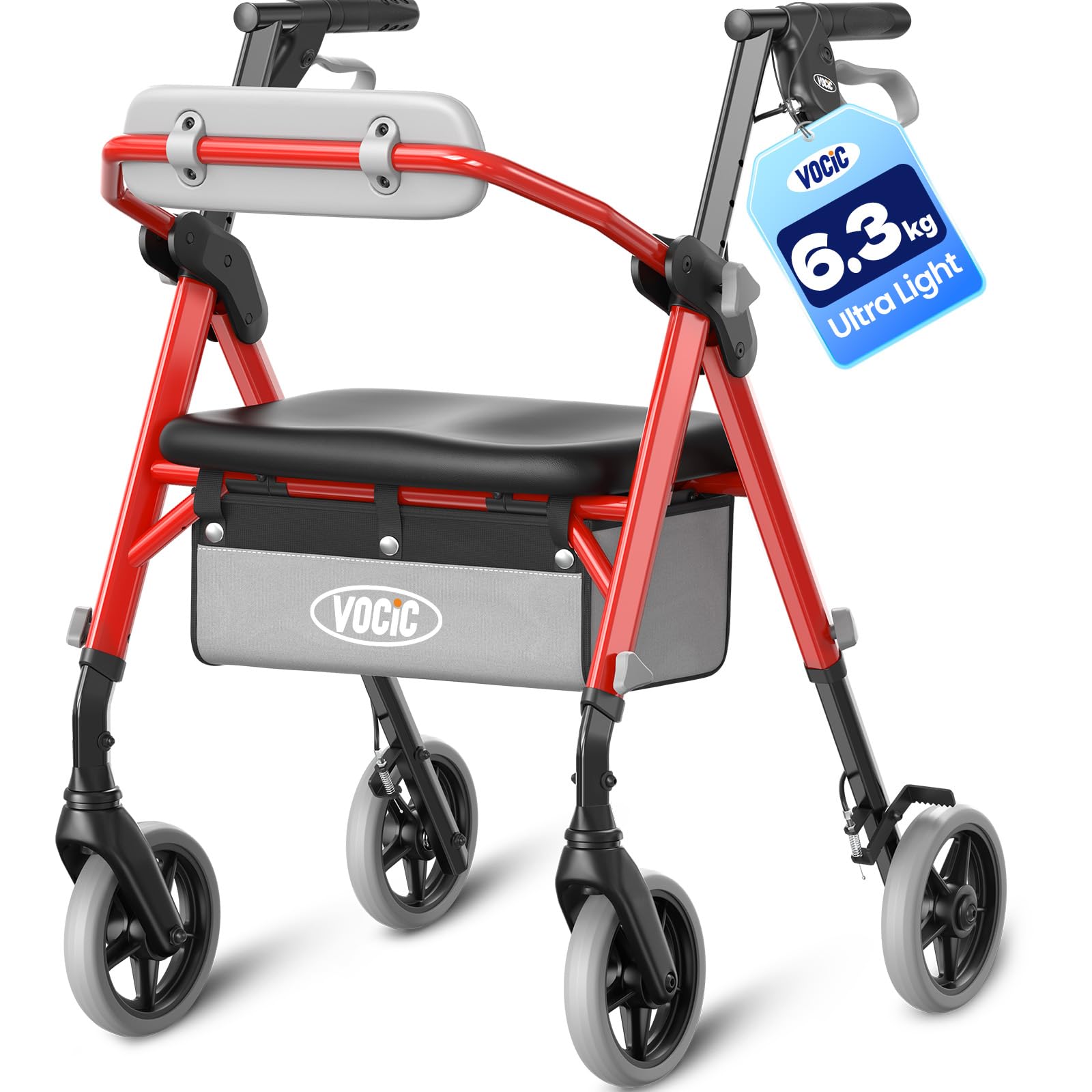 VOCIC Andador plegable ligero con asiento, 6,3kg Ultraligero, Max 150 kg | andador para ancianos con ruedas, asiento ergonómico, altura regulable, Walker estrecho para apartamento & viajes, rojo