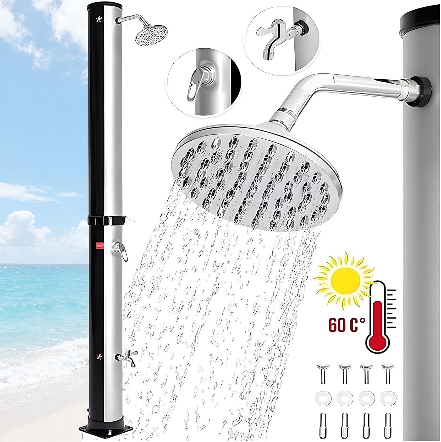 Solar Heated Shower with Temperature Control, Quick Assembly for Outdoor Pool Beach Spa Use