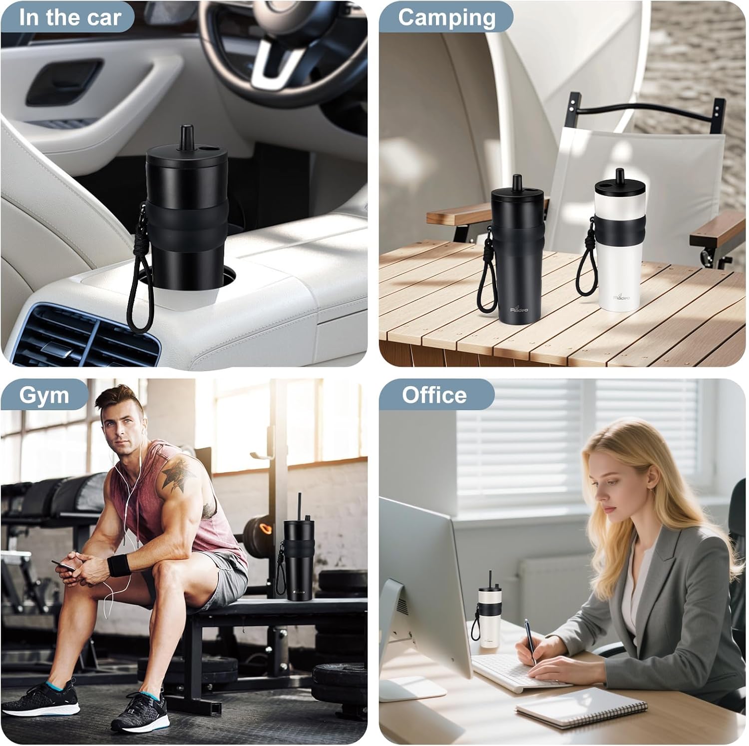 24oz Twin-Pack Insulated Coffee Mugs with Straw | Double-Wall Vacuum Stainless Steel Travel Tumbler Cups, Leak-Proof Lid for Hot & Cold Beverages, Coffee, Tea & Sports Drinks (Black & White, 2-Pack) - Image 7