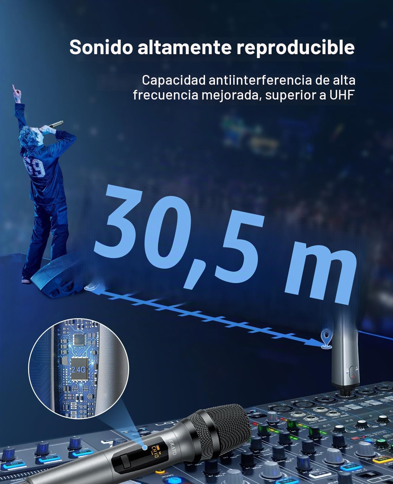 LEKATO Micrófonos inalámbricos de Metal de 2,4 GHz Micrófono de Canto Recargable Micrófono de Mano inalámbrico Dual hasta 30 Horas de Tiempo de ejecución Juego de micrófonos de Karaoke