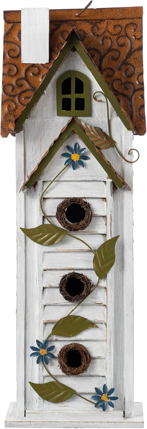 Glitzhome Bird Houses for Outside,Hand Painted Hanging Bird House for Outdoors, 24.25" H Oversized 3-Tiered Villa Decorative Wooden Bird Houses Large Birdhouse for Garden, Washed White