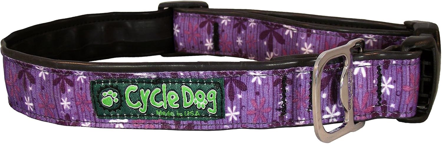 Cycle Dog Bottle Opener Recycled Dog Collar, Purple Retro Flowers, Large