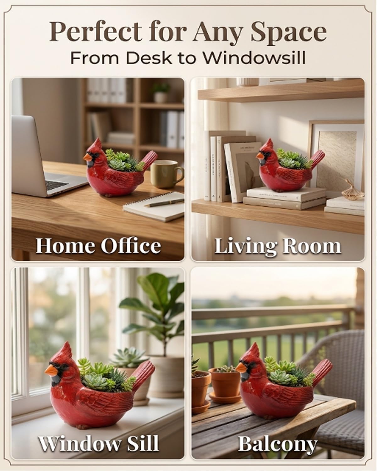 Cardinal Bird Succulent Planter, Red Resin Decorative Flower Pot for Indoor Plants, Small Bird Planter for Desk Windowsill Garden Decor, Unique Gift(Cardinal+Hummingbird)