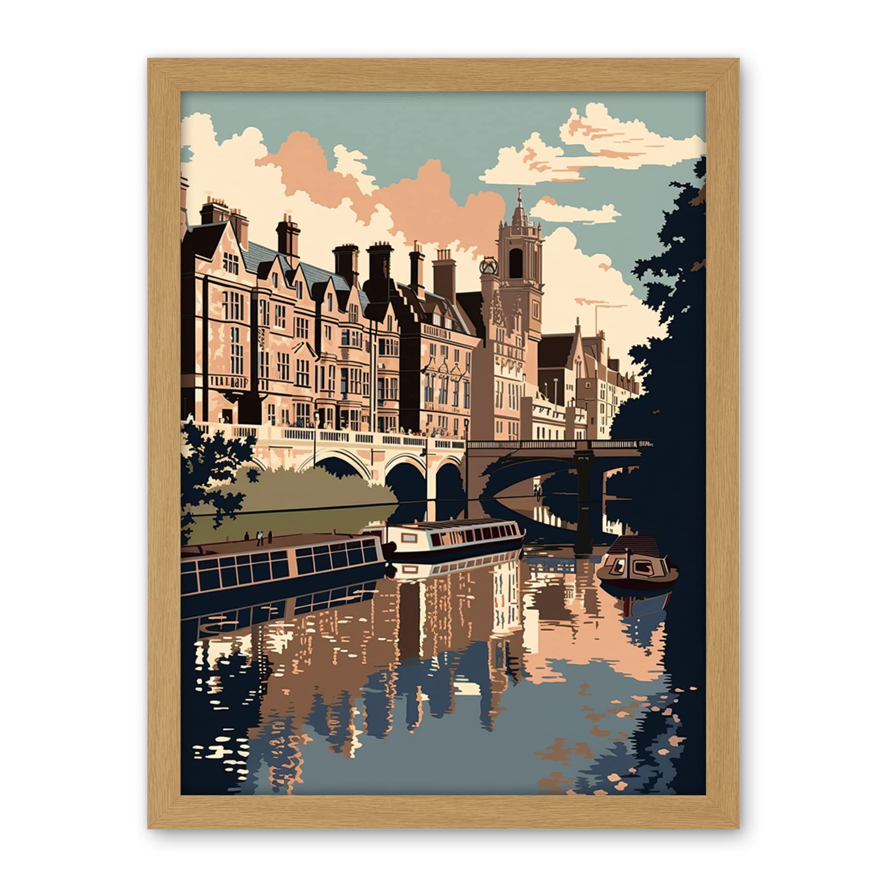 Artery8 River Cam and University of Cambridge Buildings Artwork Framed Wall Art Print 18X24 Inch
