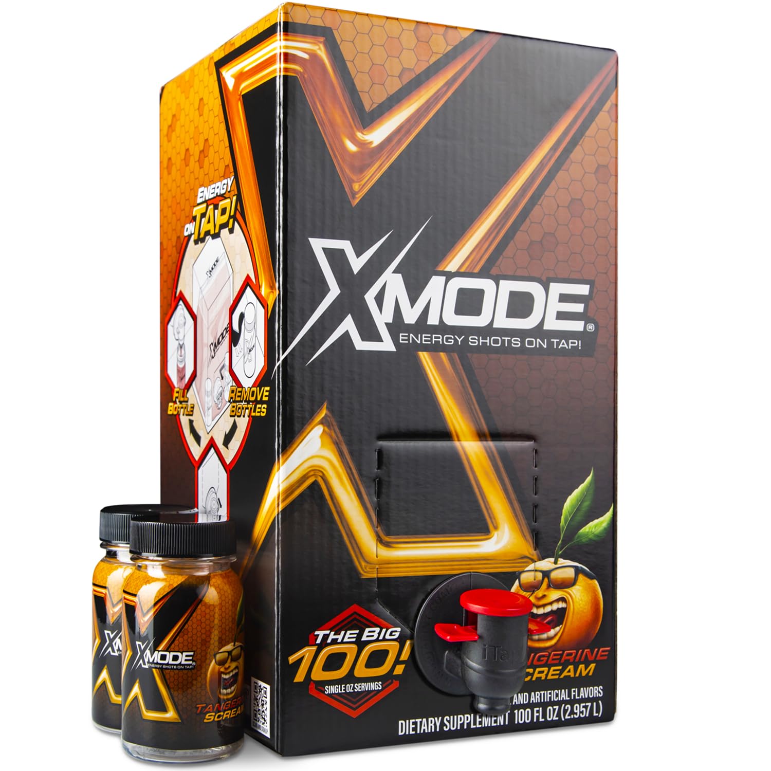 XMODE Extra Strength Energy Shots on Tap - Tangerine Flavor, Sugar Free, 150mg Caffeine per oz, B12, 100 (1oz) Servings, Dispenser with 2 Refillable Bottles
