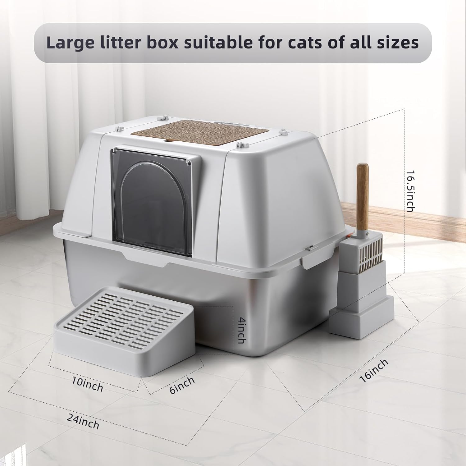 HFAM Large Deodorizing Cat Litter Box Enclosure Flip-Top Stainless Steel Litter Box with Smart Deodorization Litterbox with High Sides and Splash Guard
