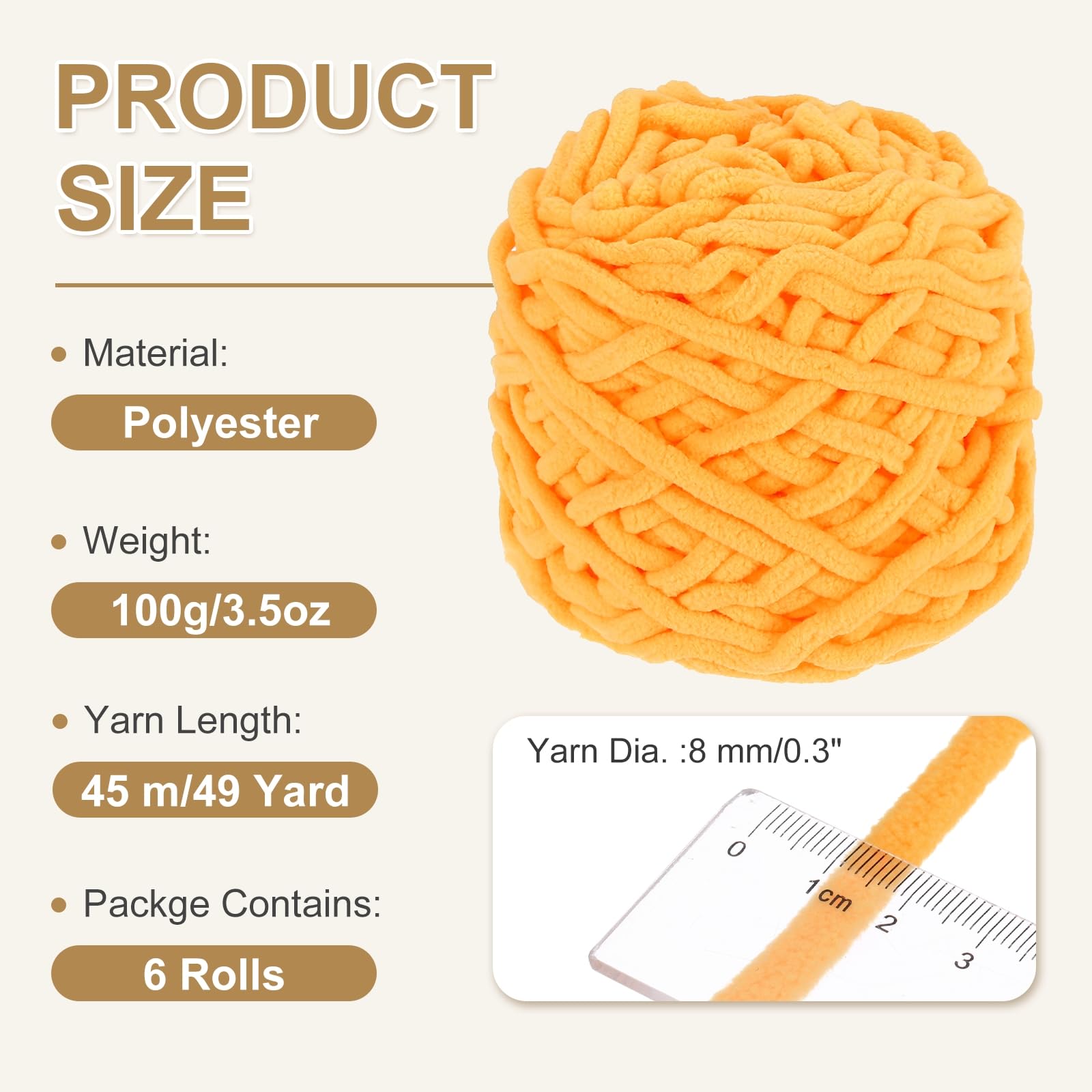 QUARKZMAN 6 Pezze Filato Per Coperta, 45 Metri Morbido Velluto Peluche Spesso Filato Chenille Per Coperta Sciarpa Scialle Lavoro A Maglia A Mano Artigianato, Giallo Dorato