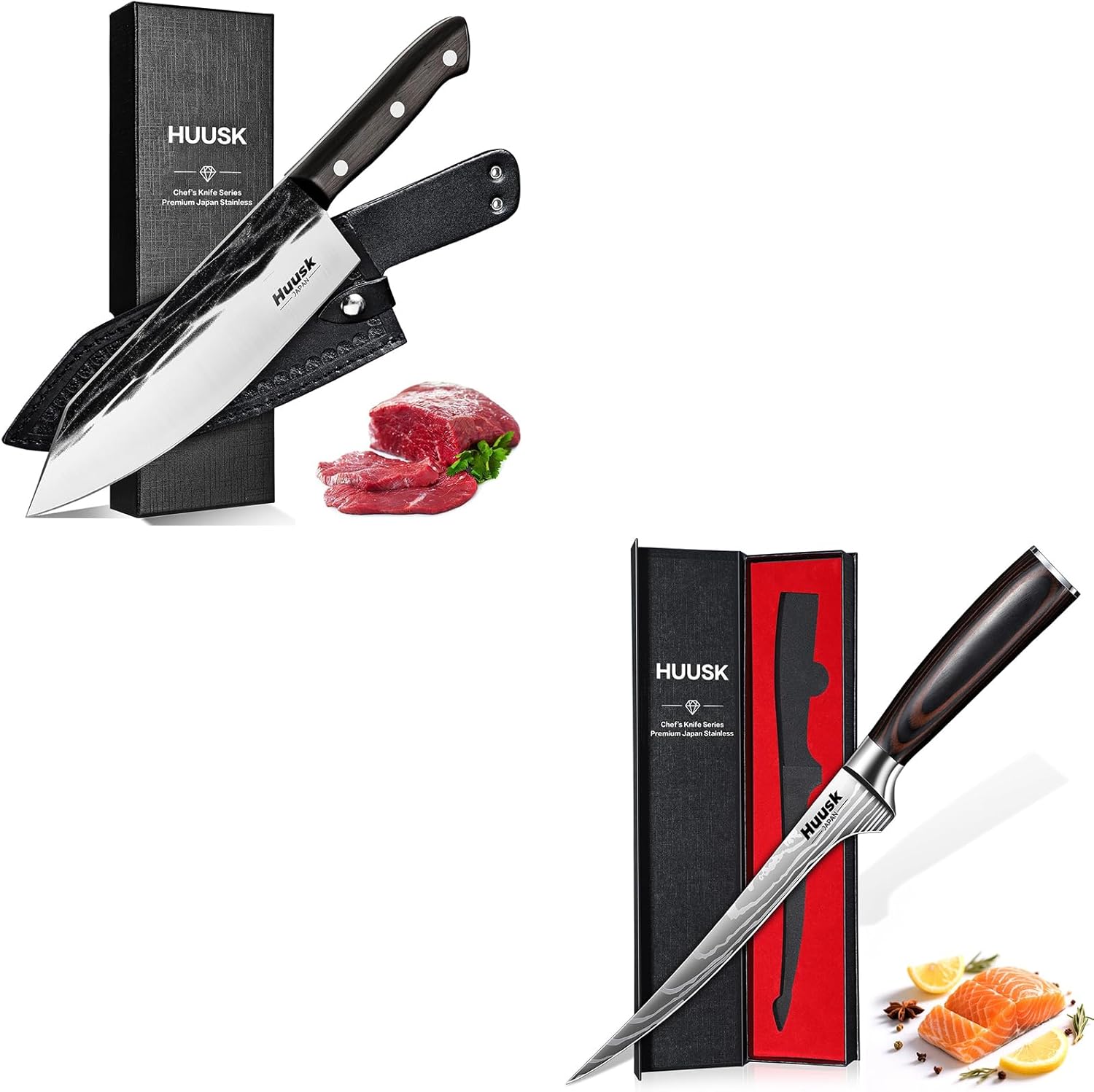 Huusk Filet Knife for Fish - 7 Inch Fish Fillet Knife Bundle with Japanese Cooking Knife,Flexible Boning Knives for Meat Cutting, Professional Japanese Fishing Knives for Meat Poultry Cutting
