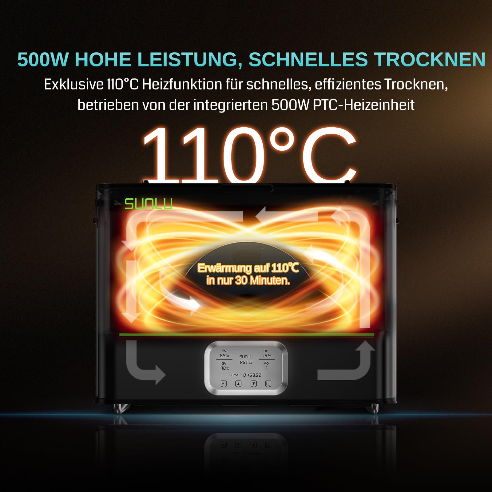 SainSmart SUNLU E2 Filamenttrockner Box, 110°C Max. Temperatur, 500W PTC-Heizung, 3-in-1 Trocknen + Tempern + Entfeuchten, Doppelkammer mit Dichtung, kompatibel mit PLA, ABS, PC, PA-CF, GF, FR-ABS