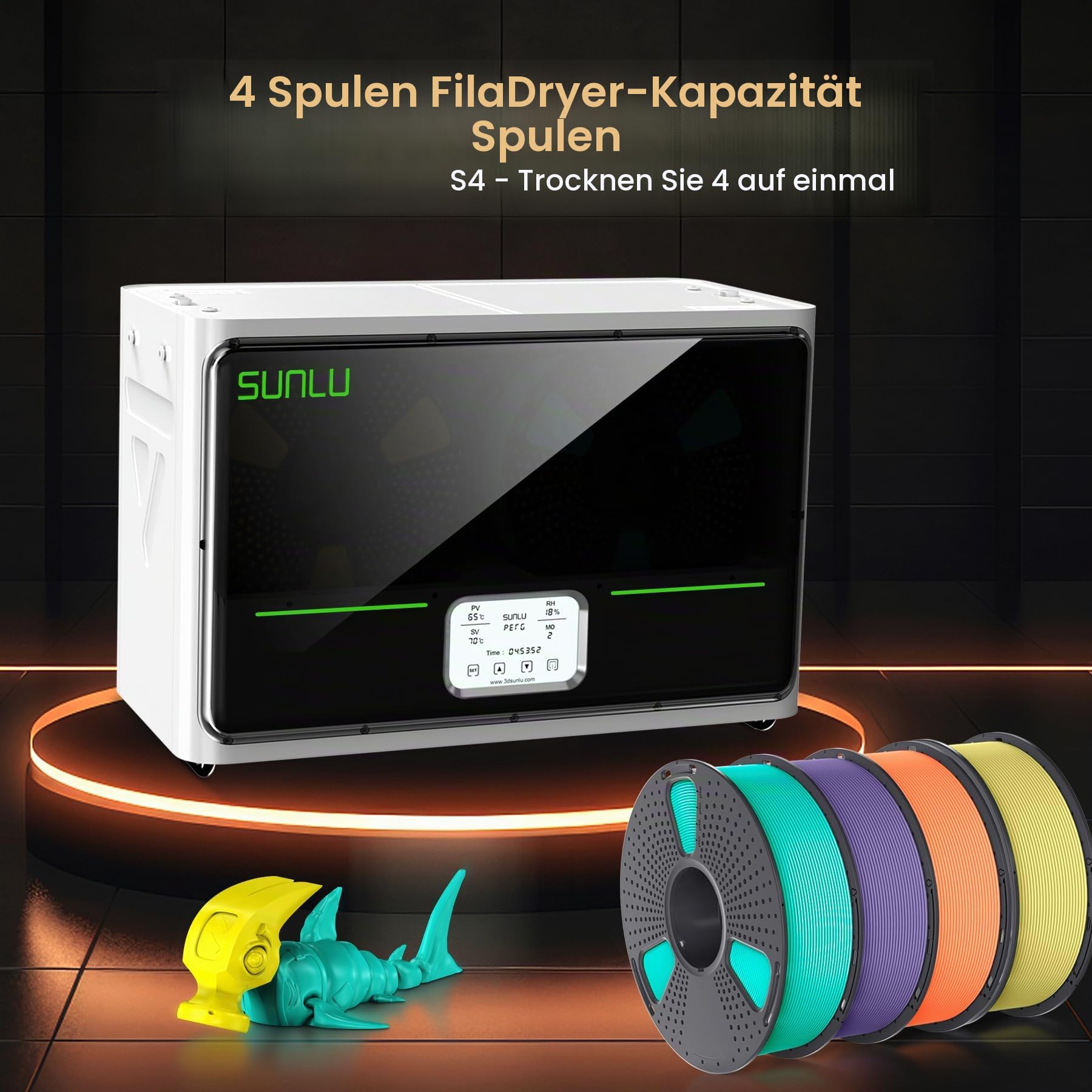SUNLU S4 Filament Trockner für 4 Spulen, bis 70°C für PLA/PETG/TPU/Nylon | 3 Umwälzventilatoren, 350W PTC Heizelement, 4-Spulen Filamenttrockner für Nylon TPU PLA PETG ABS 1.75mm/2.85mm, Schwarz