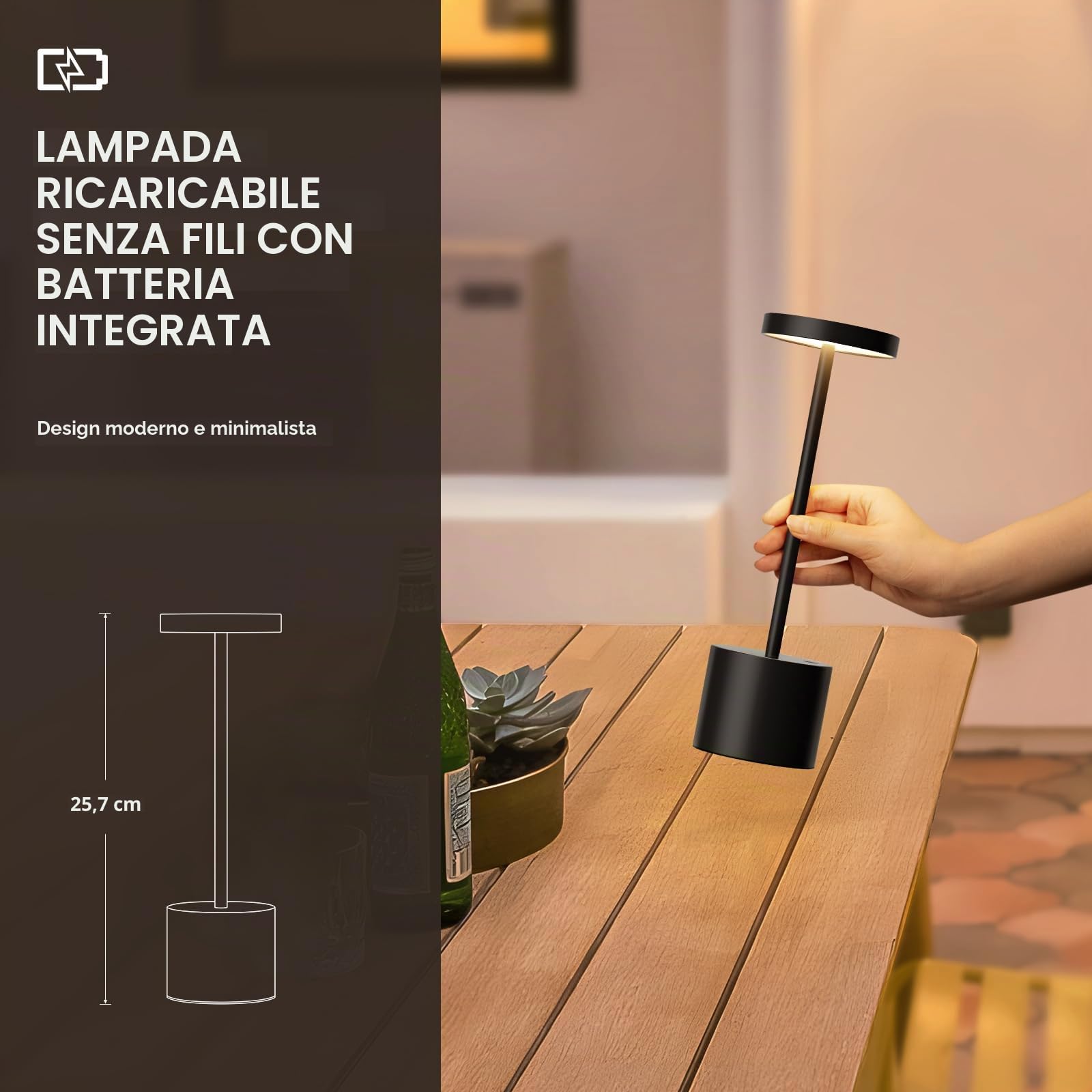 Lampada da tavolo senza fili, Lampada LED da tavolo ricaricabile, 3 Modalità di Colore, Lampada da tavolo LED per sala da pranzo, camera da letto, bar, caffè, ristorante, patio, set da 2 - Nero