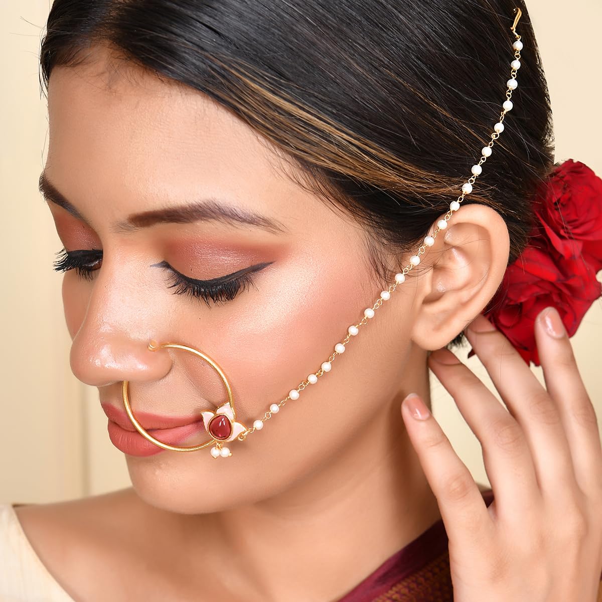 Tulip Motif Pearls Non-Piercing Nose Ring, Elegant Accessory