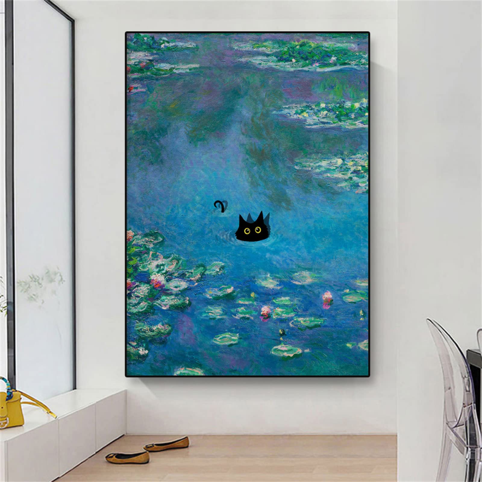 GAINOW Vintage Monet waterlelies kat canvas kunst, beroemde olieverfschilderij Monet zwarte kat poster, grappige bloemenprint, esthetische kamerdecoratie voor slaapkamer, badkamer, niet ingelijst