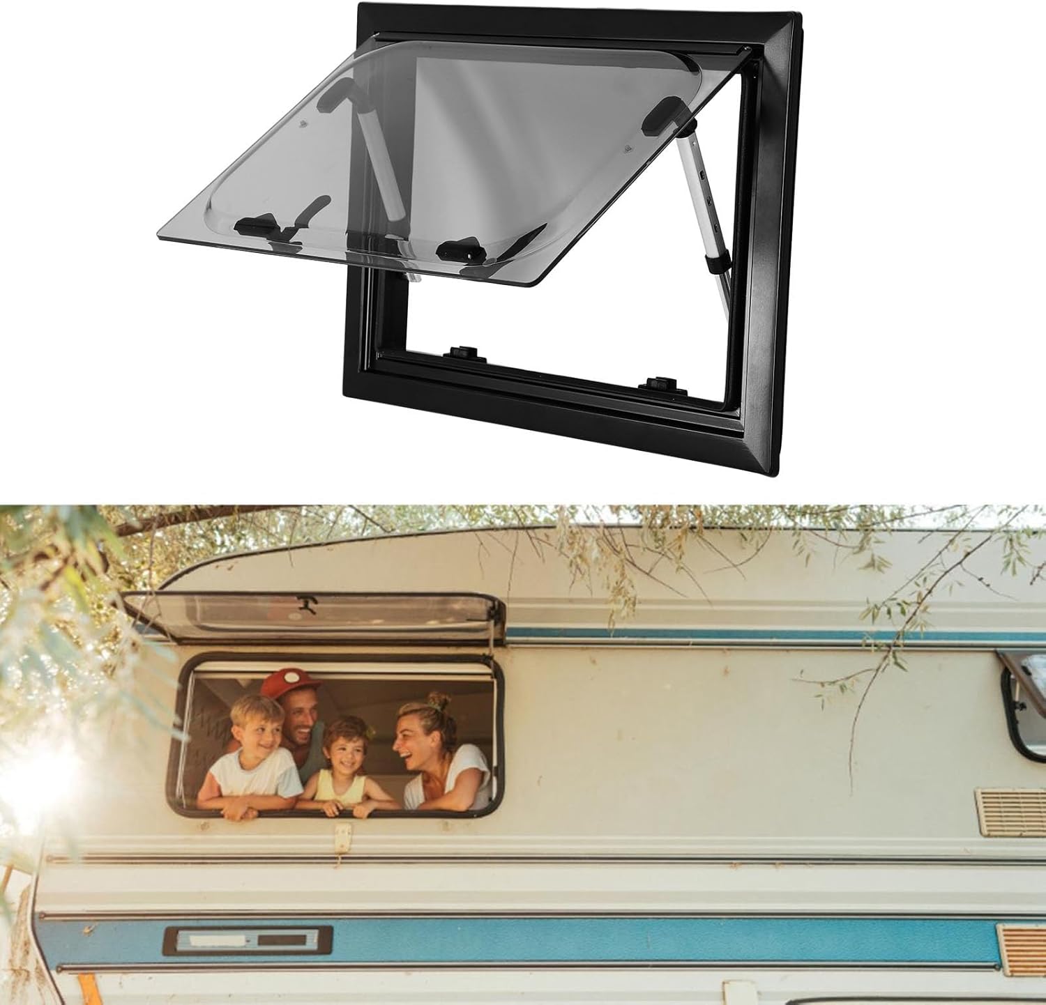 20x14 Inch RV Push Out Window, Double Layer External Vent Hatch with Sunshade Curtain - Durable Aluminum Alloy Frame, Protection, Easy Operation for Campers Construction