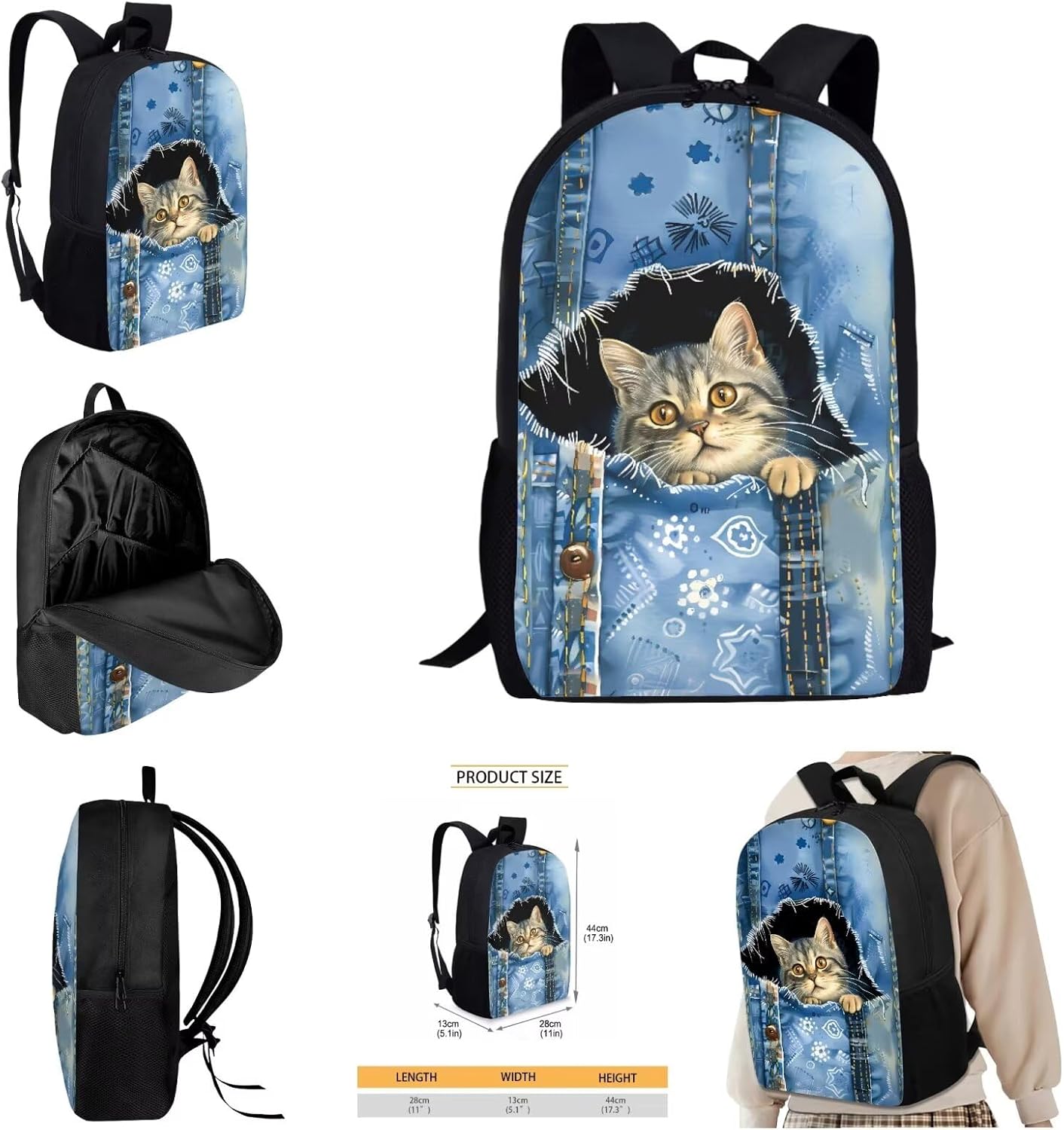 AmzPrint 4pcs Girls Cat Backpack Set Cat Backpack And Lunch Box Set For Boys Girls Back To Elementary Middle School Gifts