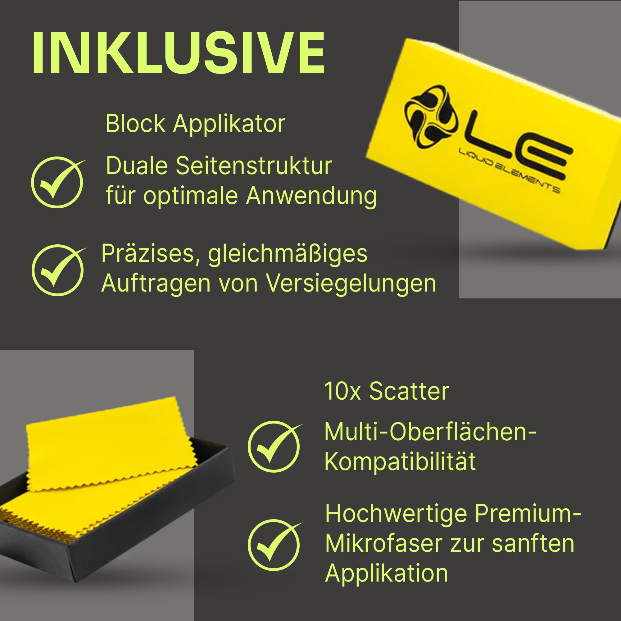 Liquid Elements – ECO Shield Keramikbeschichtung 50ml + Applikator Block gelb + 10er Set Scatter – Keramikversiegelung schützt vor Schmutz & Kratzern – wasserabweisend und Farb- & Glanz-intensivierend