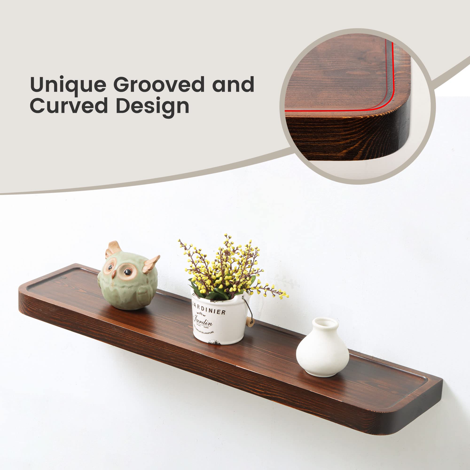 2 Pack 24 Inch Wood Floating Shelves, Rustic Wall Shelves with Groove Design, Dark Wood Shelves for Farmhouse Kitchen Bathroom, Dark Walnut