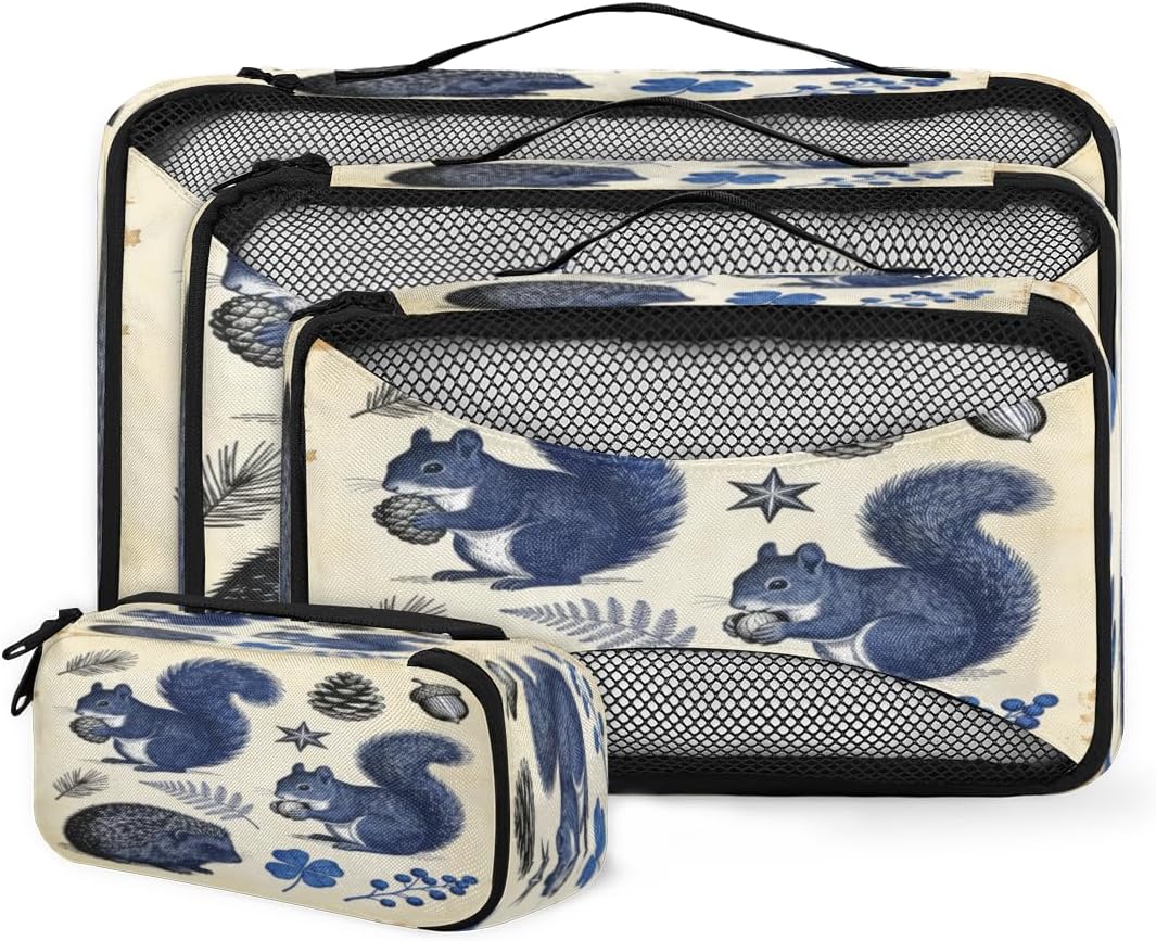 Retro Squirrel Hedgehog Travel packaging box 4 sets - 4 sizes of durable luggage storage boxes,comprehensive packaging boxes for toiletries,underwear,shoes,and travel essentials