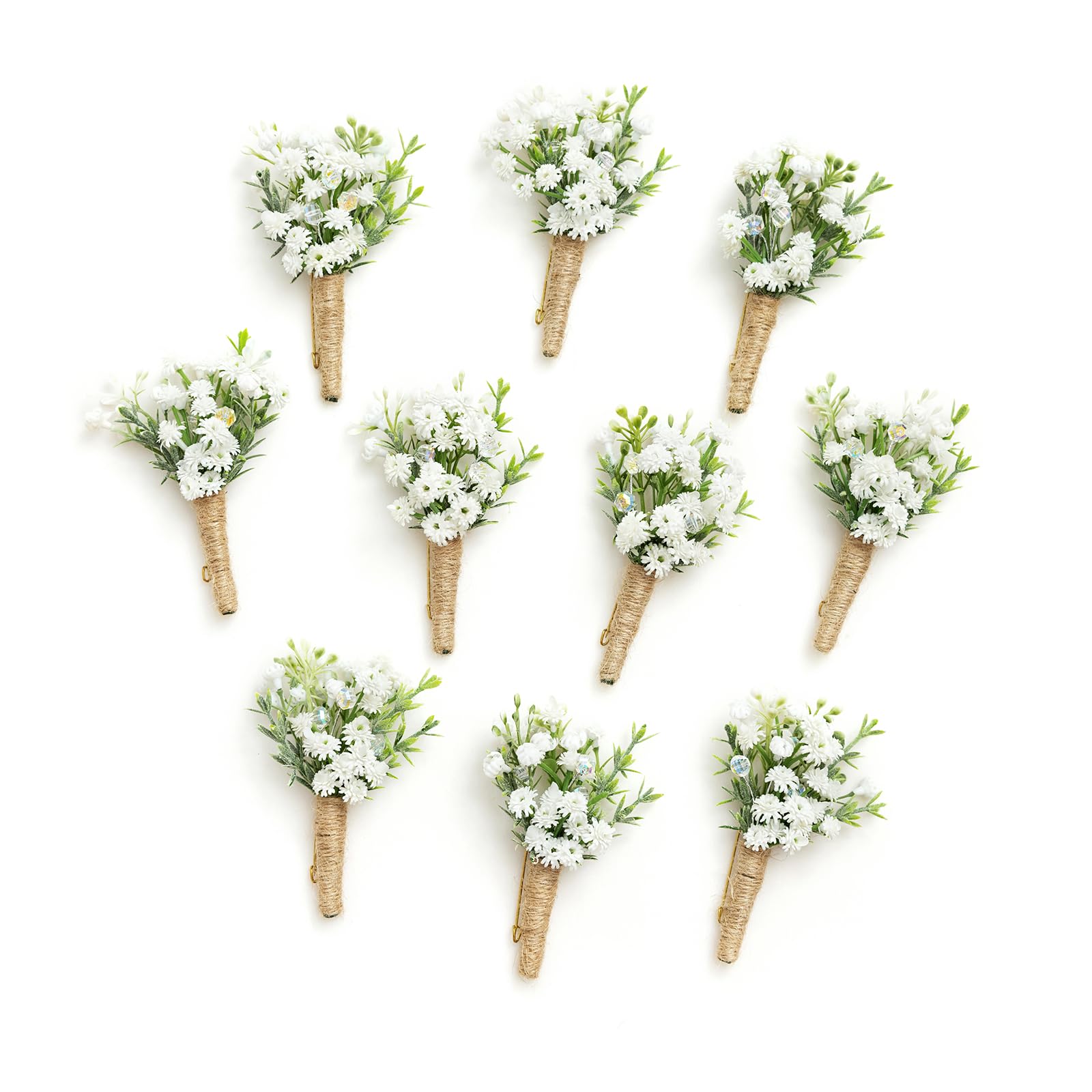 Ling's Moment Boutonniere for Men, 10pcs Groomsmen Guest Boutonniere, Artificial Flowers for Wedding Décor/Prom/Homecoming,etc.Baby Breath White