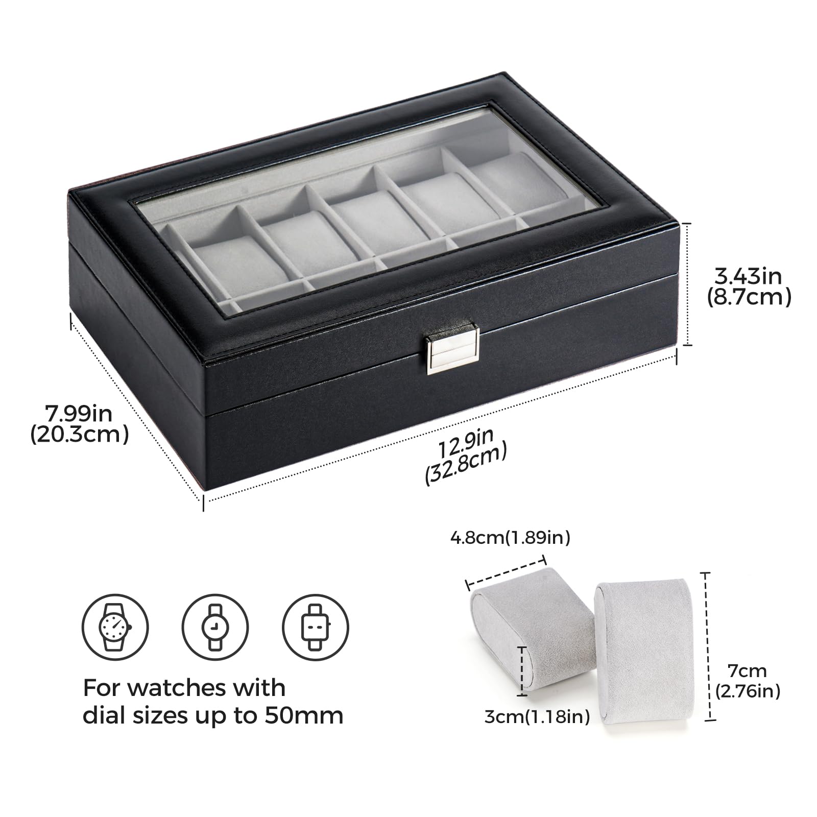 Boîte de Rangement pour Montres pour Hommes, 12 emplacements, Couvercle en Verre, Cuir PU, Noir.