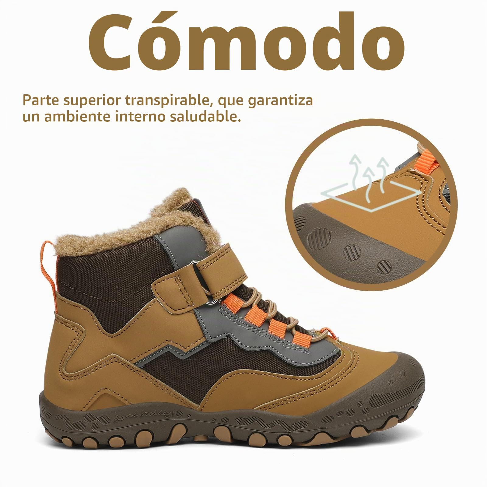 Mishansha Botas de Nieve Niño Botas Antideslizantes, Marrón 35 | Forro cálido, cierre de autollenado, puntera reforzada, suela con dibujo, colegio, paseos, nieve