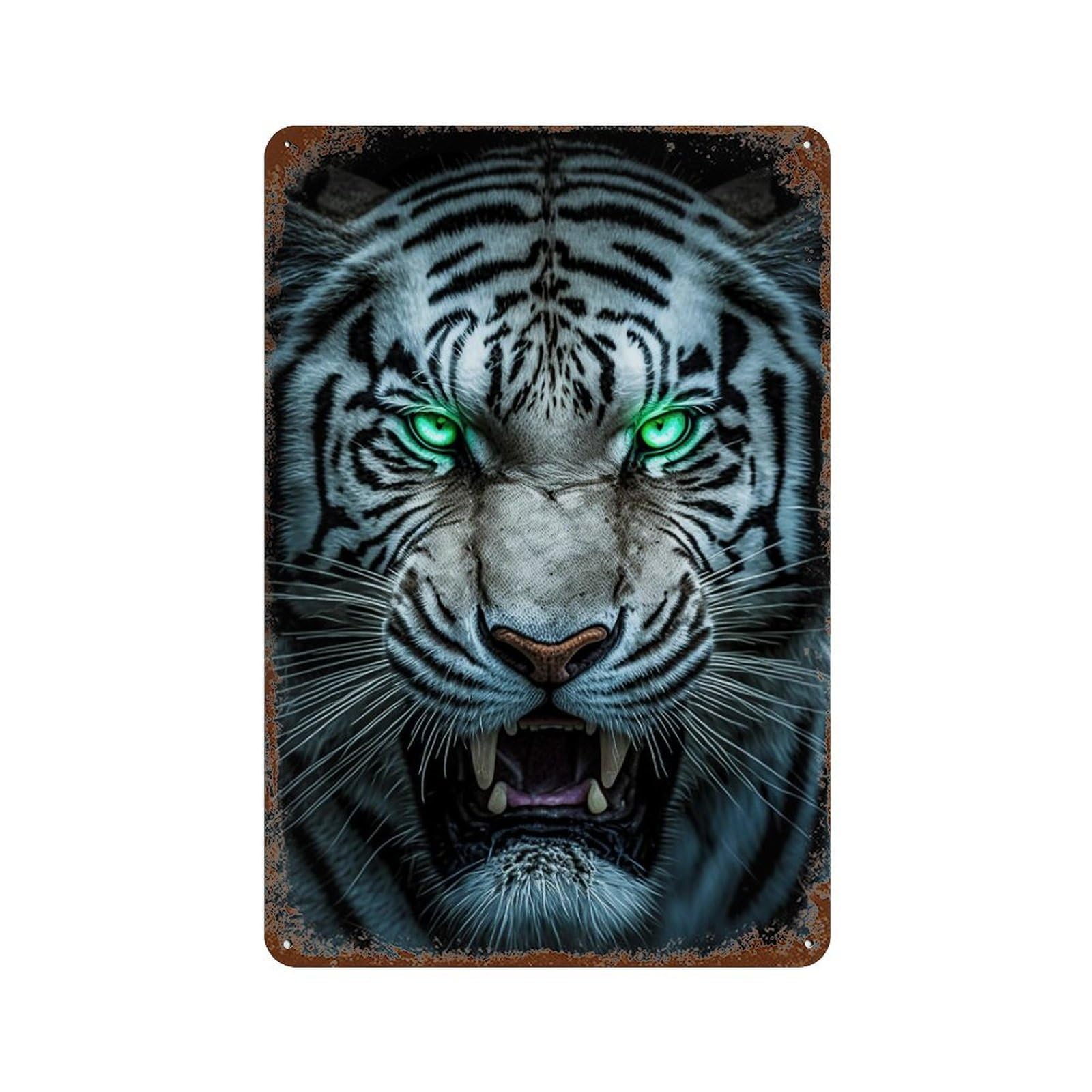 White Tiger Roar Decorative Tin Sign 11.8"x7.9", Shabby Chic Decor for Garage, Pub Or Kitchen
