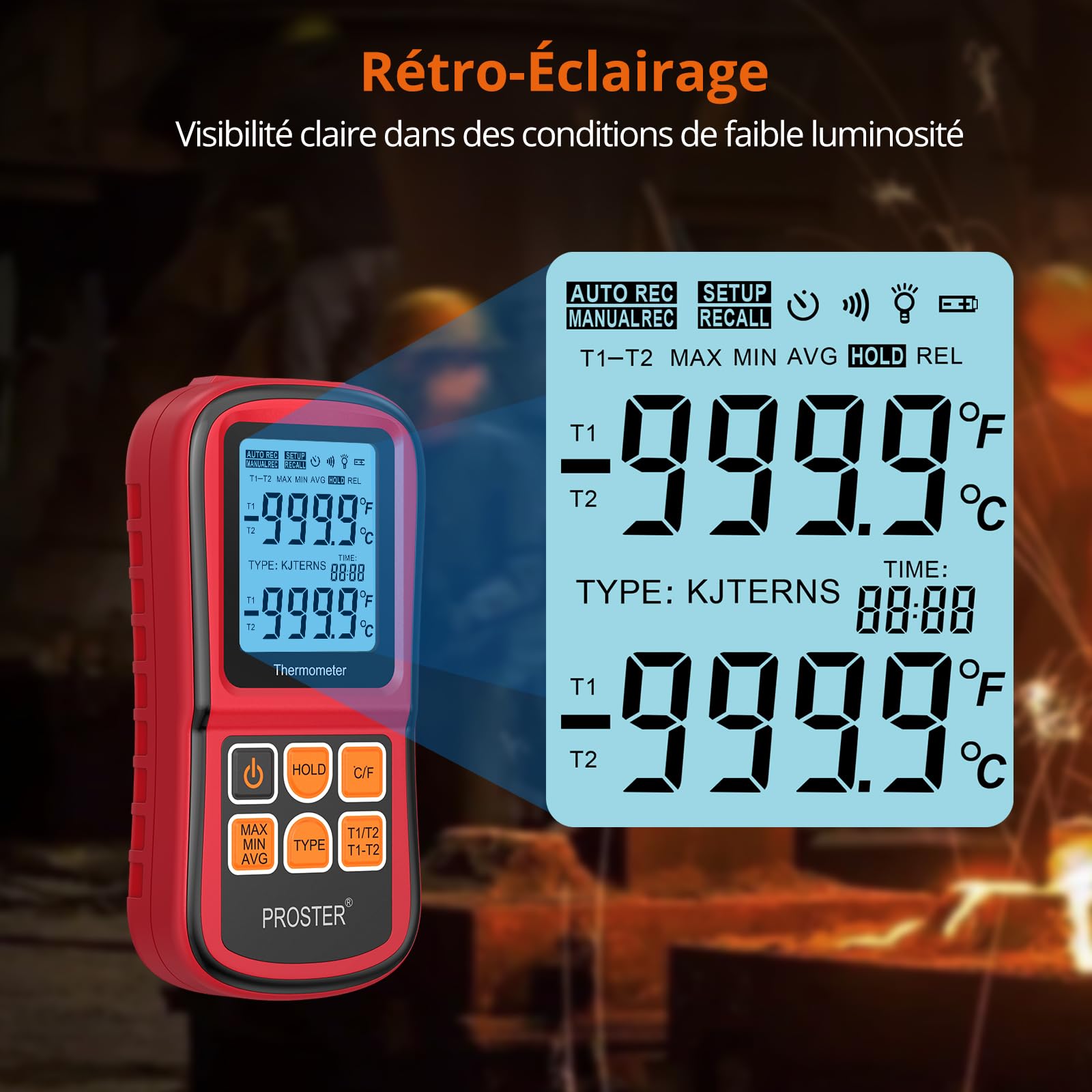 Proster Thermomètre Numérique à Double Canal avec Deux Thermocouples de Type K Thermomètre Industriel avec Rétroéclairage LCD pour Thermocouple K/J/T/E/R/S/N