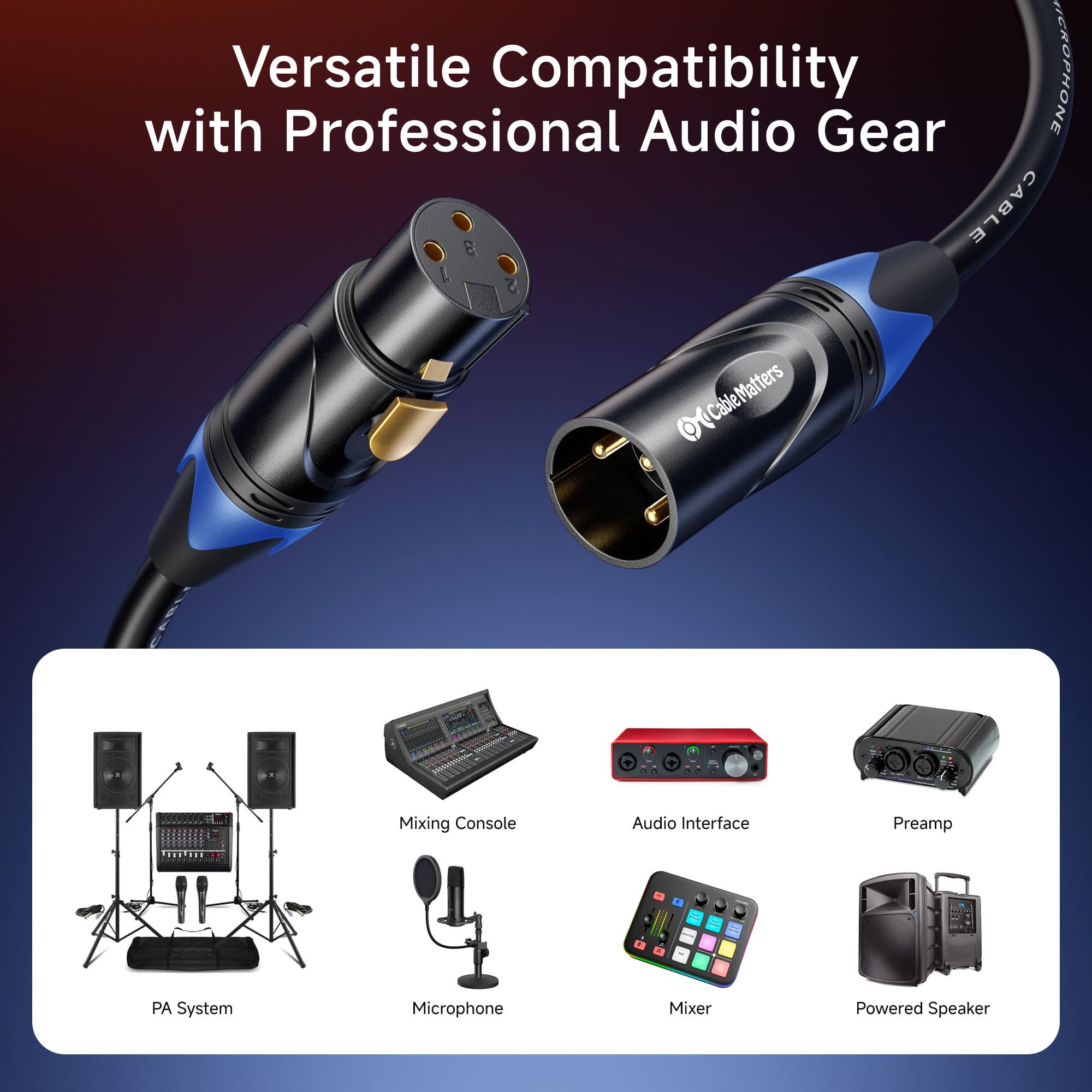 Cable Matters Paquete de 3 cables XLR blindados premium de 15 pies, cobre libre de oxígeno (OFC) XLR macho a hembra, cable de micrófono XLR de color/cable de micrófono