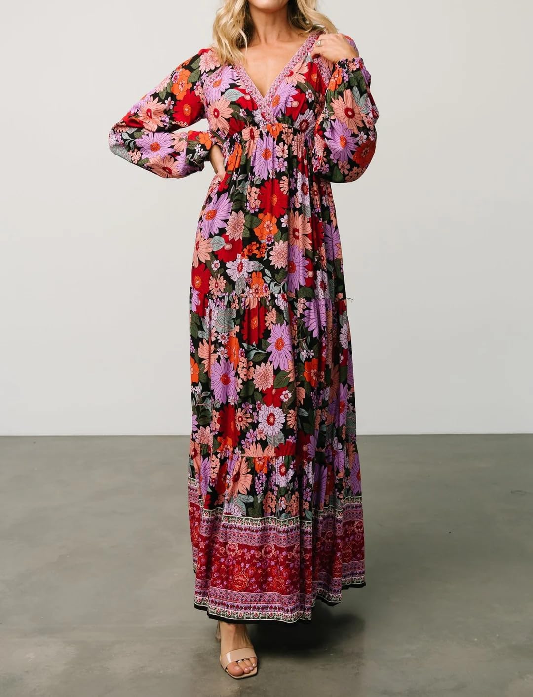 R.Vivimos Women's Boho Floral Print Maxi Dress V Neck Long Sleeve Elastic Waist Casual Flowy Slit Long Sundress - Image 3