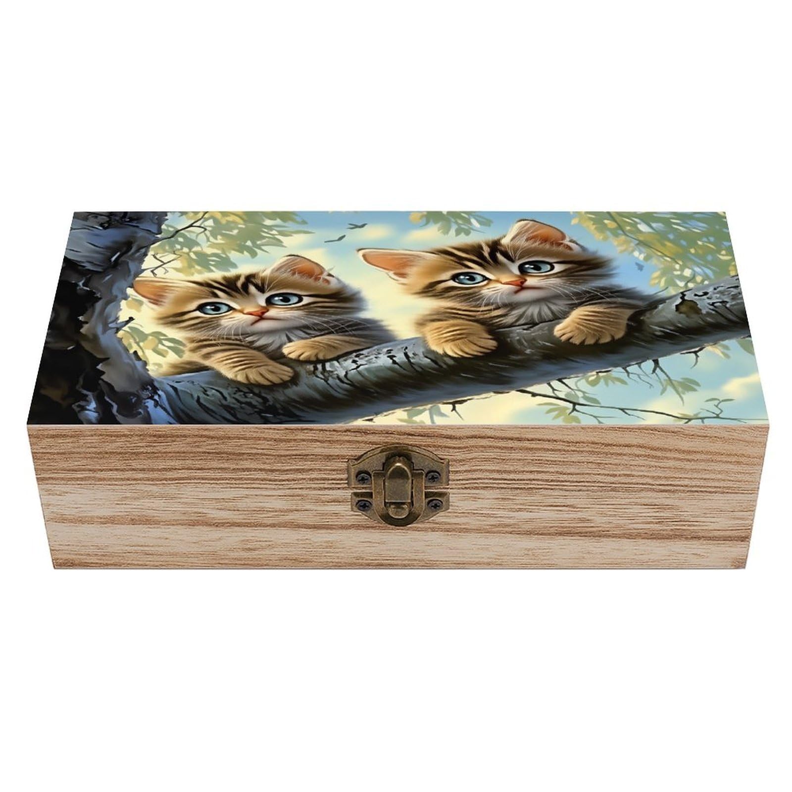 HLBSDM Cute Kittens On Tree Branch Vintage Wooden Keepsake Box with Hinged Lid And Locking Clasp, Decorative Storage Box for Jewelry, Trinkets And Small Accessories, Organizer for Home Or Wedding