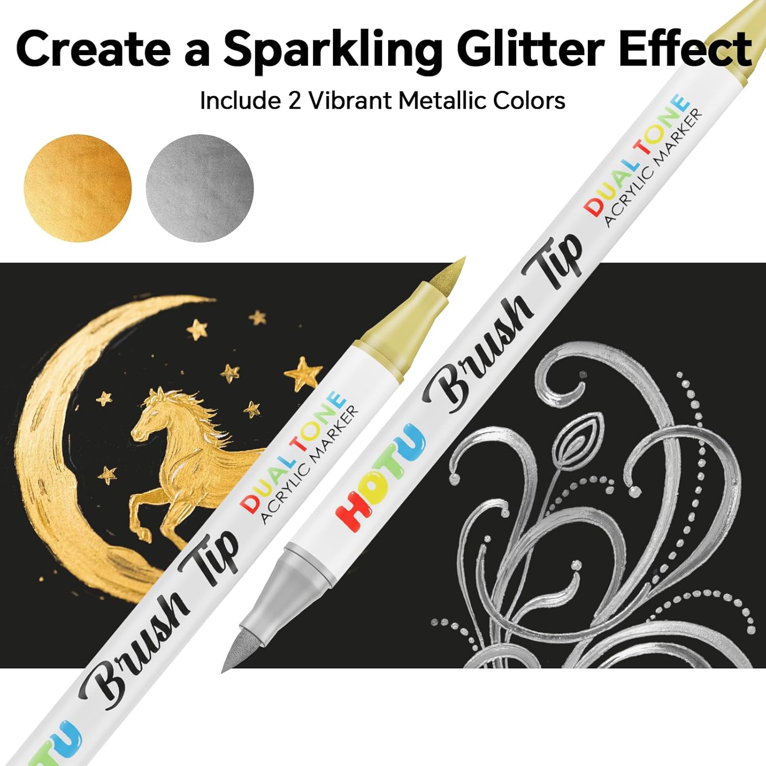 HOTU 72 Colors Acrylic Paint Markers, Acrylic Markers with 36 Dual-Brush Tip Paint Markers for Stocking Stuffers, Rocks, Coloring Books, DIY Art Supplies