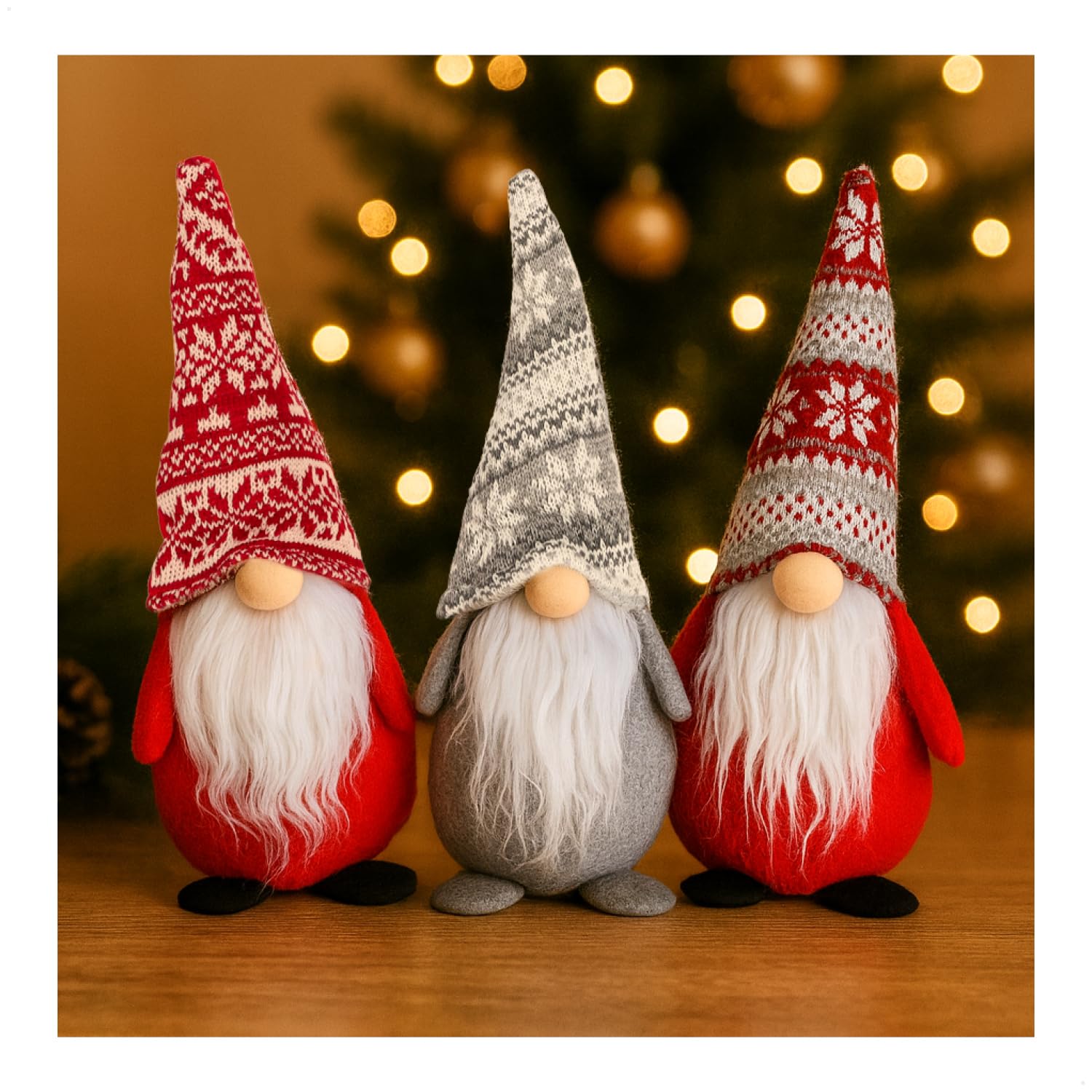 com-four® 3x Christmas Gnome 33 cm - Scandinavian Troll Decoration - Winter Dwarf Figure - Tabletop Ornament - Swedish Elf with Beard & Knitted Hat - Holiday Decor (3x - grau/weiß/rot - 33cm)