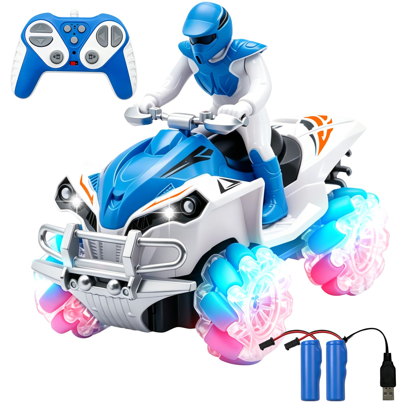Auto Telecomandata per Bambini, Macchina Radiocomandata RC 2,4 GHz con 2 Batterie Ricaricabili, Auto Stunt 4WD con Rotazione a 360°, Fari e Ruote LED, per Interni ed Esterni, Spiaggia e Prato